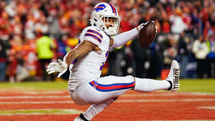 Buffalo Bills WR Gabe Davis scores a touchdown against the Kansas City Chiefs during the AFC Divisional playoffs. Buffalo Bills WR Gabe Davis scores a touchdown against the Kansas City Chiefs during the AFC Divisional playoffs.