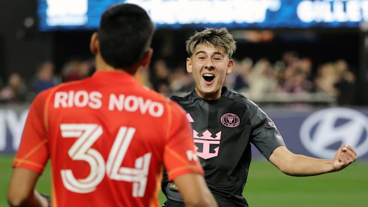 Santi Morales rushes to celebrate his match-winning penalty kick with Inter Miami goalkeeper Rocco Rios Novo. The 17-year-old was a late substitution in the Herons’ 2-2 (3-2) friendly victory against Mexican champions Club America.