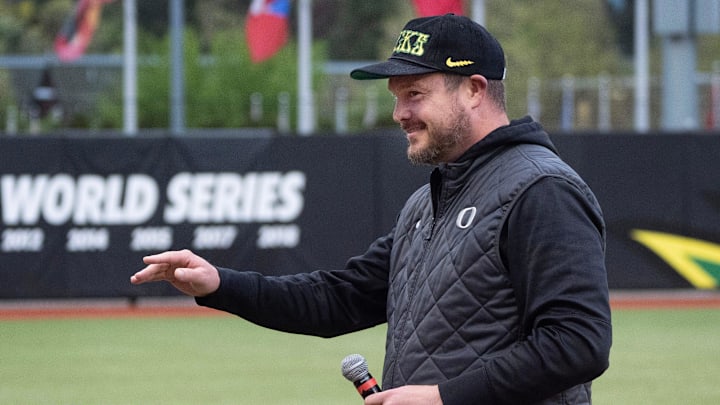 Oregon football coach Dan Lanning introduces the song “Shout” during the Ducks' game against Oregon State at Jane Sanders Stadium in Eugene April 22, 2026.