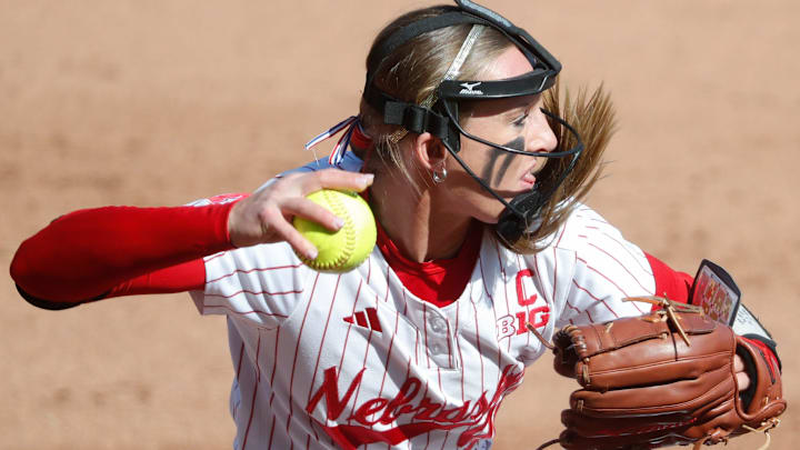 Nebraska Cornhuskers starting pitcher/relief pitcher Jordyn Bahl (98) throws the ball to first.