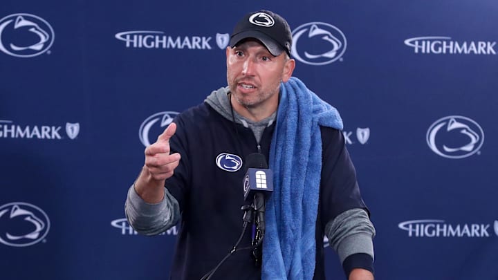 Penn State Nittany Lions head coach Matt Campbell answers questions from the media following the Blue-White Practice at Beaver Stadium. 