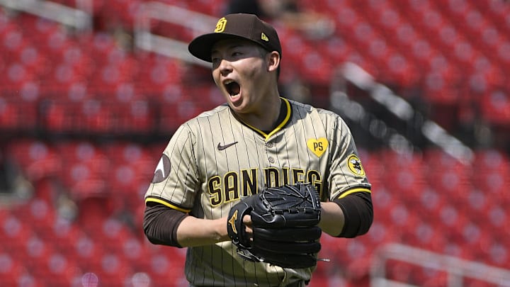 Aug 29, 2024; St. Louis, Missouri, USA;  San Diego Padres relief pitcher Yuki Matsui (1) reacts after getting the final out of the fifth inning against the St. Louis Cardinals at Busch Stadium. Mandatory Credit: Jeff Curry-Imagn Images