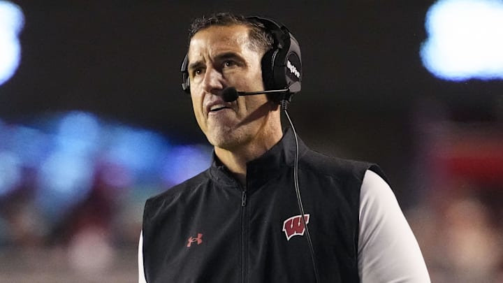 Wisconsin head coach Luke Fickell watches the game from the sidelines.