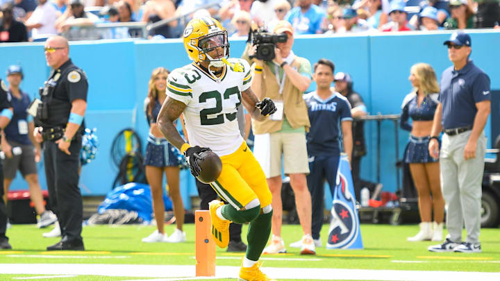 Green Bay Packers cornerback Jaire Alexander (23) scores a touchdown on an interception thrown by Tennessee Titans quarterback Will Levis. Green Bay Packers cornerback Jaire Alexander (23) scores a touchdown on an interception thrown by Tennessee Titans quarterback Will Levis.