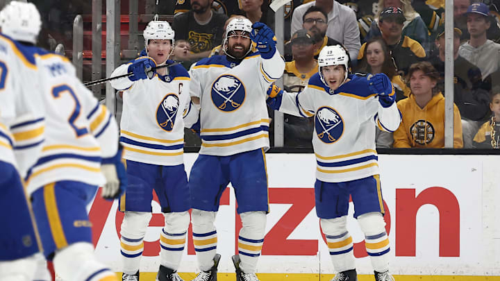 May 1, 2026; Boston, Massachusetts, USA; Buffalo Sabres right wing Alex Tuch (89) (center) points to a teammate after scoring against the Boston Bruins during the first period of game six of the first round of the 2026 Stanley Cup Playoffs at TD Garden. Mandatory Credit: Winslow Townson-Imagn Images