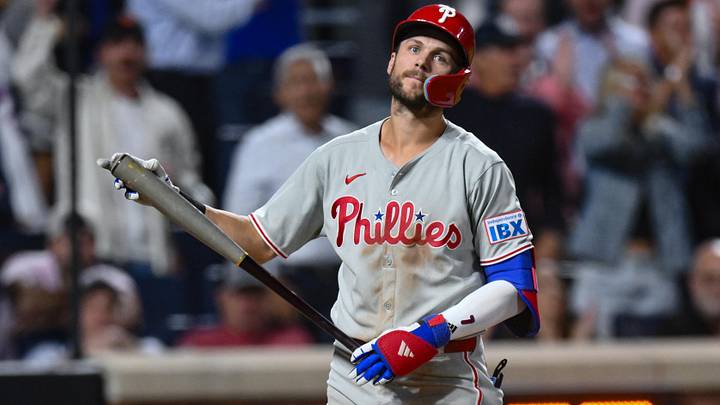 Aug 26, 2025; New York City, New York, USA; Philadelphia Phillies shortstop Trea Turner (7) reacts after striking out against the New York Mets during the eighth inning at Citi Field.