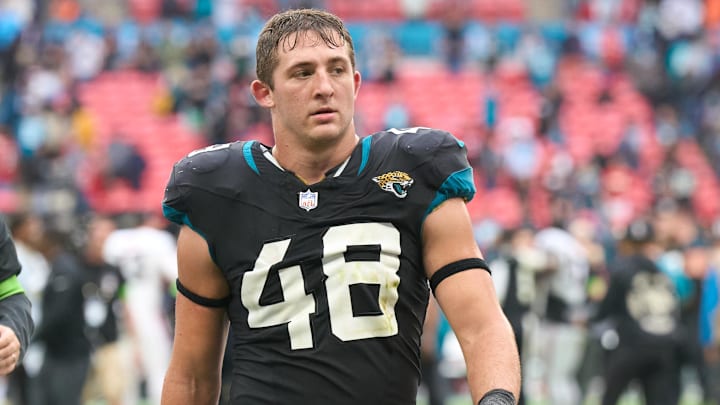 Oct 1, 2023; London, United Kingdom; Jacksonville Jaguars linebacker Chad Muma (48) leaves the field after the second half of an NFL International Series game at Wembley Stadium. Oct 1, 2023; London, United Kingdom; Jacksonville Jaguars linebacker Chad Muma (48) leaves the field after the second half of an NFL International Series game at Wembley Stadium.