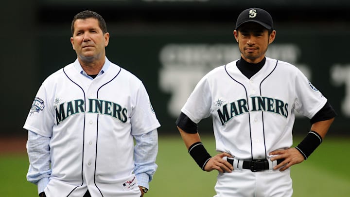 July 16, 2011; Seattle, WA, USA; Seattle Mariners former player Edgar Martinez (left) stands with current right fielder Ichiro Suzuki before a game with the Texas Rangers at Safeco Field. The game was in celebration of the 2001 team won 115 regular-season games. Mandatory Credit: James Snook-Imagn Images July 16, 2011; Seattle, WA, USA; Seattle Mariners former player Edgar Martinez (left) stands with current right fielder Ichiro Suzuki before a game with the Texas Rangers at Safeco Field. The game was in celebration of the 2001 team won 115 regular-season games. Mandatory Credit: James Snook-Imagn Images