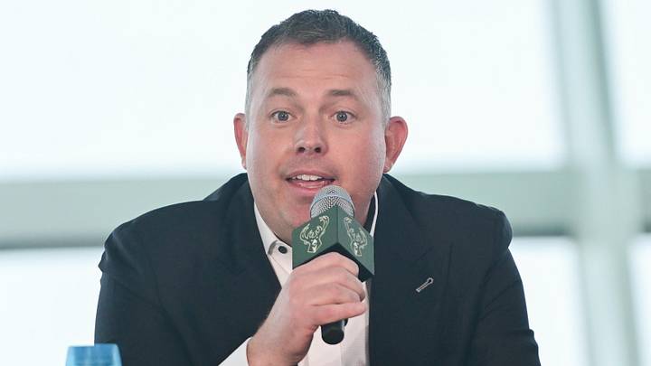 May 6, 2026; Milwaukee, WI, USA;  Milwaukee Bucks general manager Jon Horst speaks at a press conference at Milwaukee Art Museum. Mandatory Credit: Benny Sieu-Imagn Images