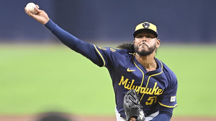Sep 22, 2025; San Diego, California, USA; Milwaukee Brewers starting pitcher Freddy Peralta (51) delivers during the first inning against the San Diego Padres at Petco Park. Mandatory Credit: Denis Poroy-Imagn Images