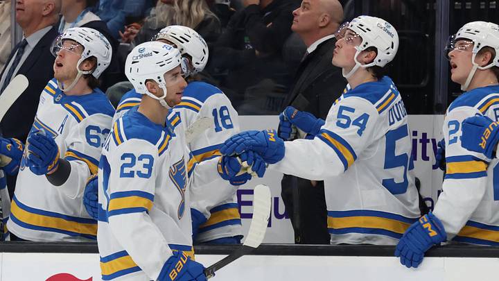 Apr 16, 2026; Salt Lake City, Utah, USA; St. Louis Blues defenseman Logan Mailloux (23) celebrates with teammates after scoring the go ahead goal against the Utah Mammoth during the third period at Delta Center. Mandatory Credit: Rob Gray-Imagn Images Apr 16, 2026; Salt Lake City, Utah, USA; St. Louis Blues defenseman Logan Mailloux (23) celebrates with teammates after scoring the go ahead goal against the Utah Mammoth during the third period at Delta Center. Mandatory Credit: Rob Gray-Imagn Images