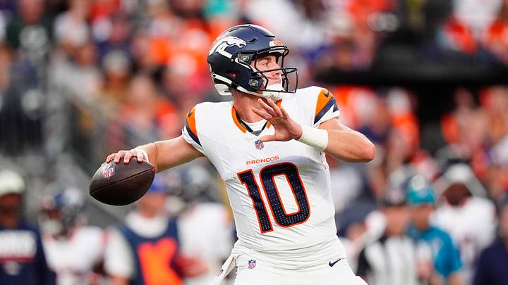 Aug 21, 2026; Denver, Colorado, USA;  Denver Broncos quarterback Bo Nix (10) during the first quarter of a preseason game against the Green Bay Packers at Empower Field at Mile High.  Mandatory Credit: Ron Chenoy-Imagn Images