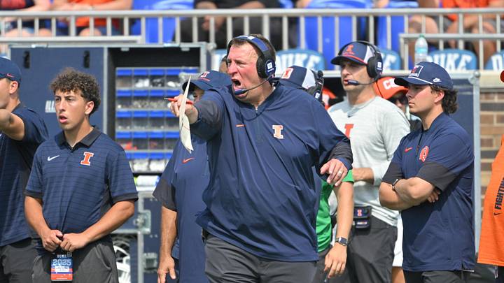 Sep 6, 2025; Durham, North Carolina, USA;  Illinois Fighting Illini head coach Bret Bielema reacts during the third quarter against the Duke Blue Devils at Wallace Wade Stadium. Mandatory Credit: Zachary Taft-Imagn Images