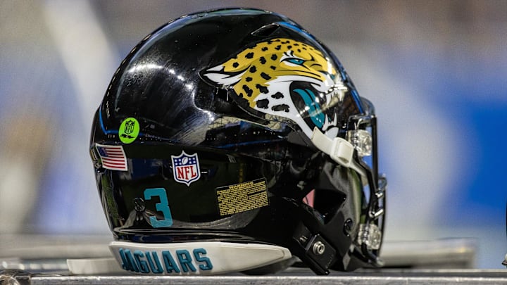 Dec 4, 2022; Detroit, Michigan, USA; A Jacksonville Jaguars football helmet sits on a crate on the sidelines during the first half against the Detroit Lions at Ford Field. Mandatory Credit: David Reginek-Imagn Images