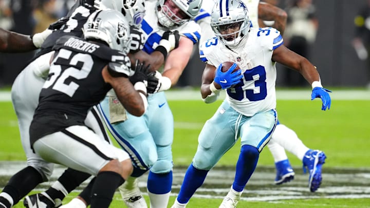 Dallas Cowboys running back Javonte Williams carries the ball during the first half against the Las Vegas Raiders. Dallas Cowboys running back Javonte Williams carries the ball during the first half against the Las Vegas Raiders.