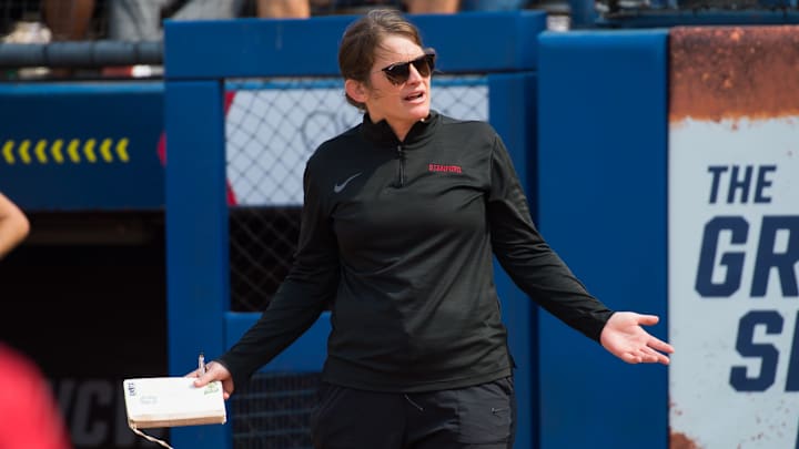 Jun 1, 2023; Oklahoma City, OK, USA; Stanford Cardinals head coach Jessica Allister questions a call in the sixth inning against the Oklahoma Sooners during the Womens College World Series at USA Softball Hall of Fame Stadium. Mandatory Credit: Brett Rojo-Imagn Images Jun 1, 2023; Oklahoma City, OK, USA; Stanford Cardinals head coach Jessica Allister questions a call in the sixth inning against the Oklahoma Sooners during the Womens College World Series at USA Softball Hall of Fame Stadium. Mandatory Credit: Brett Rojo-Imagn Images