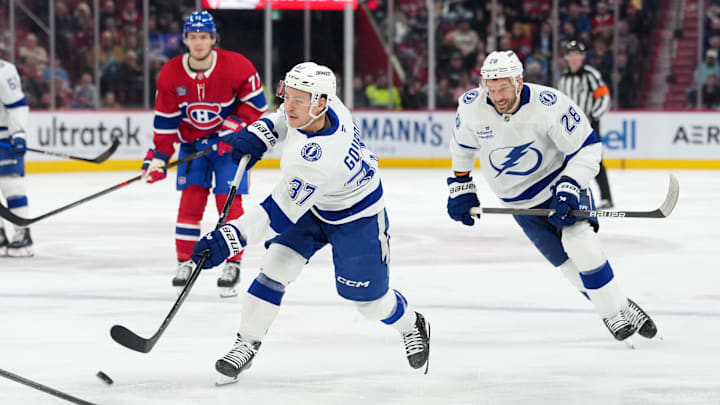 Dec 9, 2025; Montreal, Quebec, CAN; Tampa Bay Lightning forward Yanni Gourde (37) takes a shot on net during the third period of the game against the Montreal Canadiens at the Bell Centre. Mandatory Credit: Eric Bolte-Imagn Images Dec 9, 2025; Montreal, Quebec, CAN; Tampa Bay Lightning forward Yanni Gourde (37) takes a shot on net during the third period of the game against the Montreal Canadiens at the Bell Centre. Mandatory Credit: Eric Bolte-Imagn Images