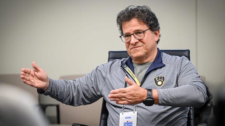 Milwaukee Brewers principal owner Mark Attanasio speaks with reporters Tuesday, February 18, 2025, at American Family Fields of Phoenix in Phoenix, Arizona. Milwaukee Brewers principal owner Mark Attanasio speaks with reporters Tuesday, February 18, 2025, at American Family Fields of Phoenix in Phoenix, Arizona.