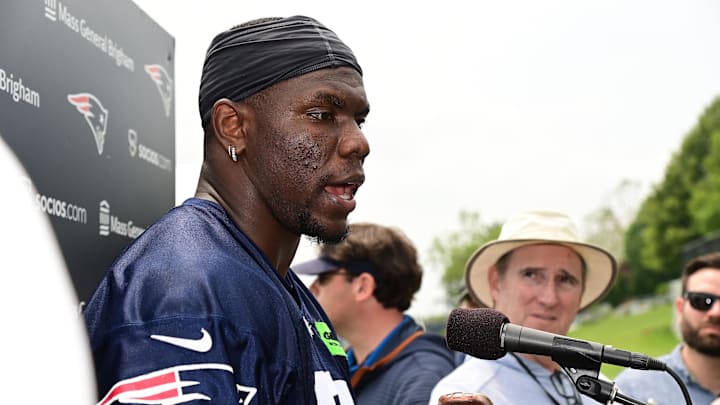 Jun 12, 2023; Foxborough, MA, USA; New England Patriots defensive end Keion White (51) speaks to the media at the Patriots minicamp at Gillette Stadium. Mandatory Credit: Eric Canha-Imagn Images Jun 12, 2023; Foxborough, MA, USA; New England Patriots defensive end Keion White (51) speaks to the media at the Patriots minicamp at Gillette Stadium. Mandatory Credit: Eric Canha-Imagn Images