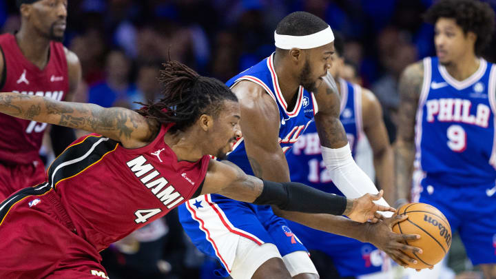 Apr 17, 2024; Philadelphia, Pennsylvania, USA; Philadelphia 76ers forward Paul Reed (44) controls a