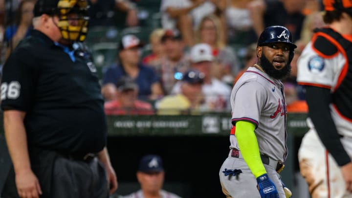 Braves designated hitter Marcell Ozuna reacts after being called out during the eighth inning against the Baltimore Orioles at Oriole Park at Camden Yards. 
