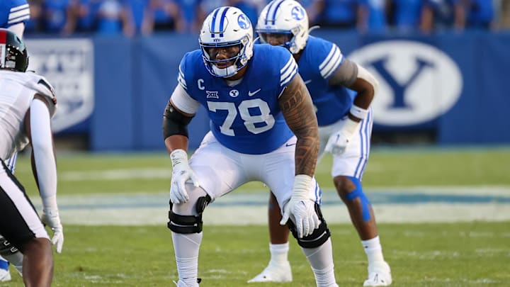 Oct 21, 2023; Provo, Utah, USA; Brigham Young Cougars offensive lineman Kingsley Suamataia (78).