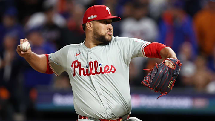 Oct 8, 2024; New York City, New York, USA; Philadelphia Phillies pitcher Carlos Estevez (53) pitches in the eighth inning against the New York Mets during game three of the NLDS for the 2024 MLB Playoffs at Citi Field. Mandatory Credit: Vincent Carchietta-Imagn Images