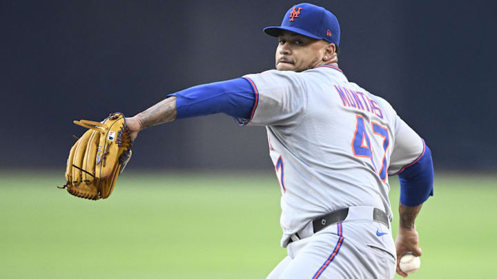 Jul 28, 2025; San Diego, California, USA; New York Mets starting pitcher Frankie Montas (47) delivers during the first inning against the San Diego Padres at Petco Park. Mandatory Credit: Denis Poroy-Imagn Images Jul 28, 2025; San Diego, California, USA; New York Mets starting pitcher Frankie Montas (47) delivers during the first inning against the San Diego Padres at Petco Park. Mandatory Credit: Denis Poroy-Imagn Images