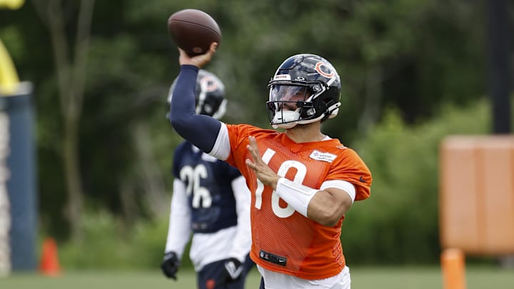 Jun 5, 2024; Lake Forest, IL, USA; Chicago Bears quarterback Caleb Williams (18) passes the ball during the team's minicamp at Halas Hall. Mandatory Credit: Kamil Krzaczynski-USA TODAY Sports