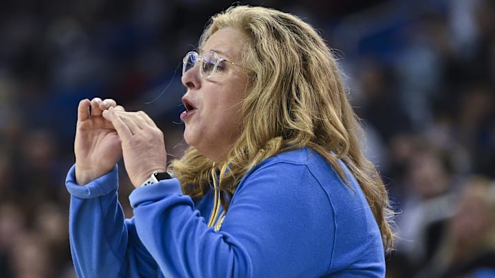 Dec 29, 2024; Los Angeles, California, USA; UCLA Bruins head coach Cori Close during the first quarter against the Nebraska Cornhuskers at Pauley Pavilion presented by Wescom. The Bruins won 91-54 for Close’s 300 career win. Mandatory Credit: Robert Hanashiro-Imagn Images