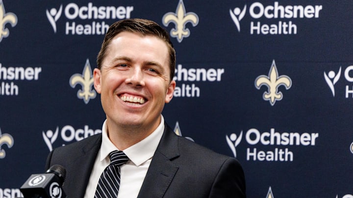 Feb 13, 2025; New Orleans, LA, USA; New Orleans Saints introduce Kellen Moore as the head coach and he addresses the media at Ochsner Sports Performance Center. Mandatory Credit: Stephen Lew-Imagn Images Feb 13, 2025; New Orleans, LA, USA; New Orleans Saints introduce Kellen Moore as the head coach and he addresses the media at Ochsner Sports Performance Center. Mandatory Credit: Stephen Lew-Imagn Images