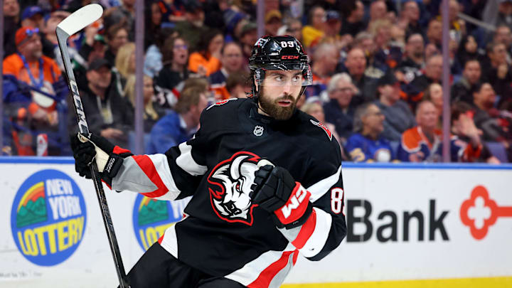 Mar 10, 2025; Buffalo, New York, USA;  Buffalo Sabres right wing Alex Tuch (89) reacts after scoring a goal during the second period against the Edmonton Oilers at KeyBank Center. Mandatory Credit: Timothy T. Ludwig-Imagn Images