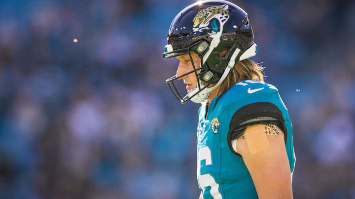 Dec 1, 2024; Jacksonville, Florida, USA; Jacksonville Jaguars quarterback Trevor Lawrence (16) walks back to the huddle against the Houston Texans in the first quarter at EverBank Stadium. Mandatory Credit: Jeremy Reper-Imagn Images