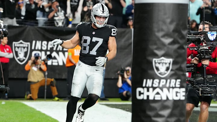 Dec 14, 2023; Paradise, Nevada, USA; Las Vegas Raiders tight end Michael Mayer (87) celebrates after scoring a touchdown in the second quarter against the Los Angeles Chargers at Allegiant Stadium. Dec 14, 2023; Paradise, Nevada, USA; Las Vegas Raiders tight end Michael Mayer (87) celebrates after scoring a touchdown in the second quarter against the Los Angeles Chargers at Allegiant Stadium.