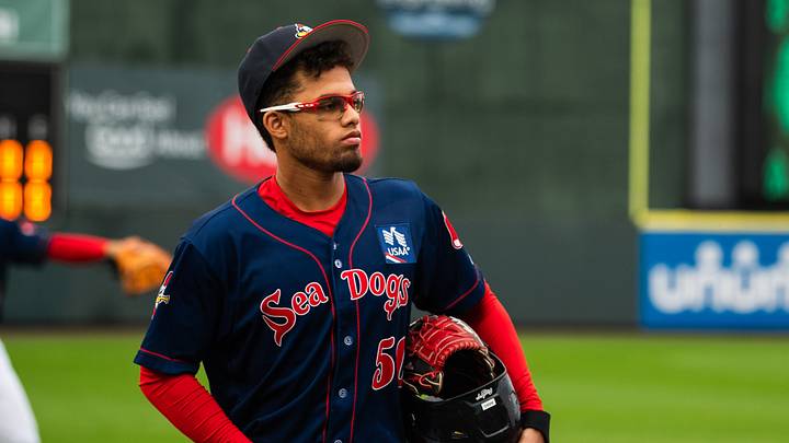 Boston Red Sox top prospect Franklin Arias walks out to the field ahead of a Double-A Portland Sea Dogs game on June 18, 2026, at Hadlock Field in Portland, Maine. Boston Red Sox top prospect Franklin Arias walks out to the field ahead of a Double-A Portland Sea Dogs game on June 18, 2026, at Hadlock Field in Portland, Maine.