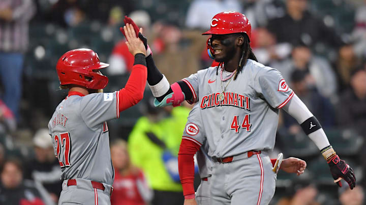 Apr 12, 2024; Chicago, Illinois, USA; Cincinnati Reds shortstop Elly De La Cruz (44) celebrates his Apr 12, 2024; Chicago, Illinois, USA; Cincinnati Reds shortstop Elly De La Cruz (44) celebrates his