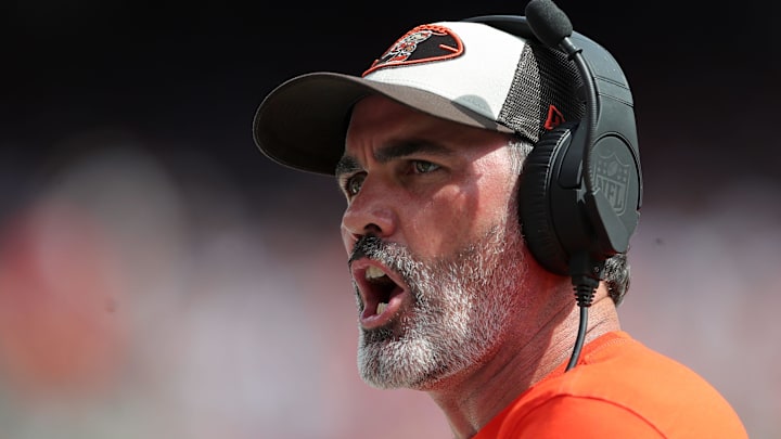 Browns coach Kevin Stefanski reacts to a play during the first half of a game against the New York Giants on Sunday, Sept. 22, 2024, in Cleveland, Ohio.