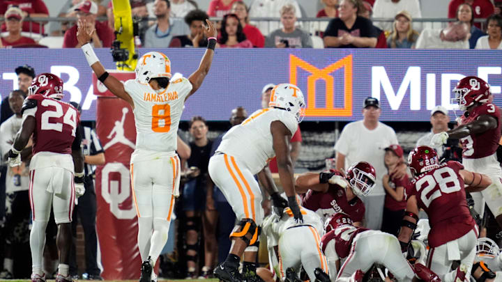 Tennessee Volunteers quarterback Nico Iamaleava celebrates a touchdown in Saturday's 25-15 road win at No. 15 Oklahoma. Tennessee Volunteers quarterback Nico Iamaleava celebrates a touchdown in Saturday's 25-15 road win at No. 15 Oklahoma.