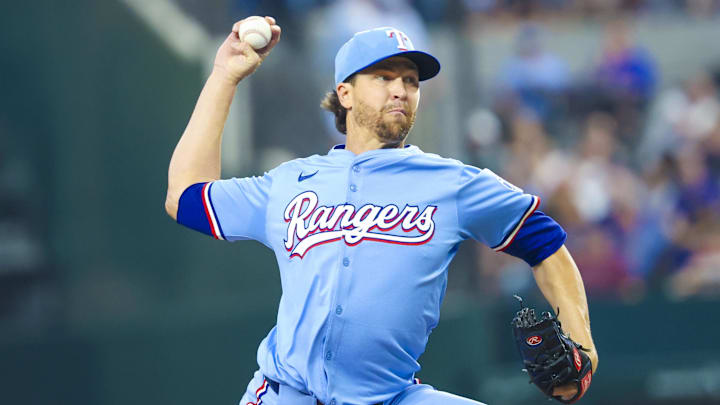 Mar 30, 2025; Arlington, Texas, USA; Texas Rangers starting pitcher Jacob deGrom (48) throws during the third inning against the Boston Red Sox at Globe Life Field. 