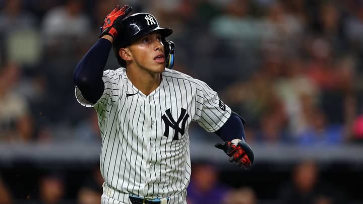 Sep 9, 2026; Bronx, New York, USA; New York Yankees shortstop George Lombard Jr. (96) looks up at his grand slam home run Sep 9, 2026; Bronx, New York, USA; New York Yankees shortstop George Lombard Jr. (96) looks up at his grand slam home run