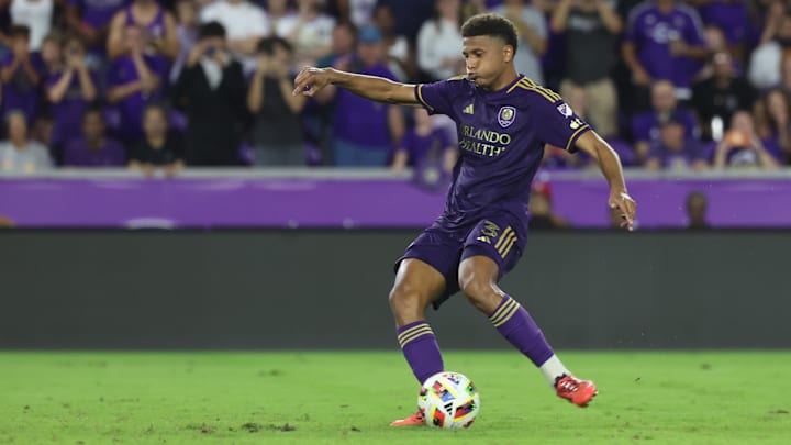 Nov 9, 2024; Orlando, Florida, USA; Orlando City defender Rafael Santos (3) scores during a round of penalty kicks against the Charlotte FC in a 2024 MLS Cup Playoffs Round One match at Inter&Co Stadium. Mandatory Credit: Kim Klement Neitzel-Imagn Images
