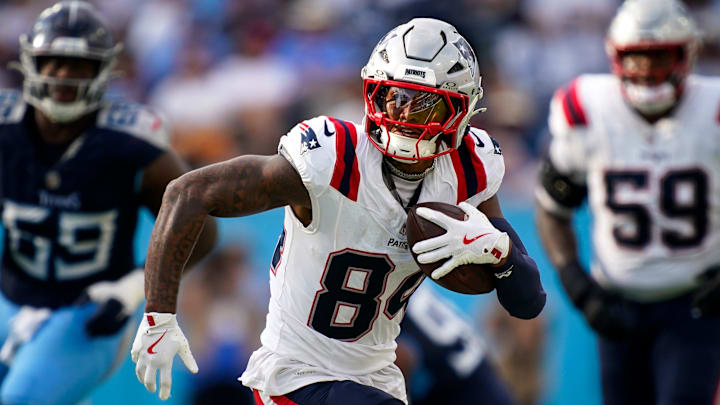 New England Patriots wide receiver Kendrick Bourne (84) runs the ball against the Tennessee Titans during the fourth quarter at Nissan Stadium in Nashville, Tenn., Sunday, Nov. 3, 2024.