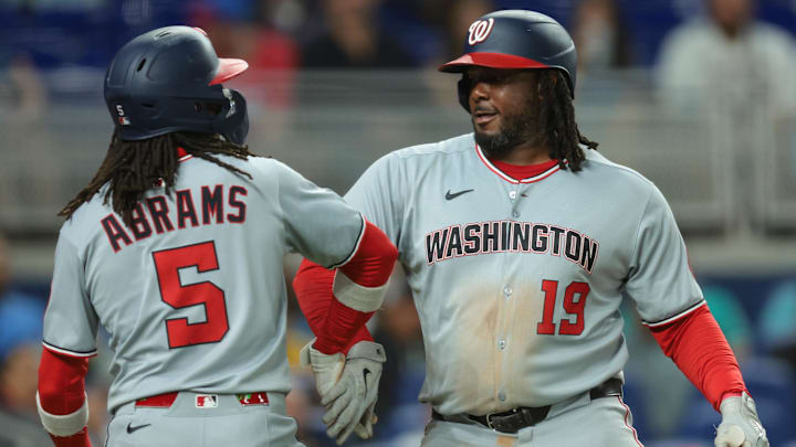 Sep 8, 2025; Miami, Florida, USA; Washington Nationals first baseman Josh Bell (19) celebrates with shortstop CJ Abrams (5) after hitting a two-run home run against the Miami Marlins during the sixth inning at loanDepot Park. Sep 8, 2025; Miami, Florida, USA; Washington Nationals first baseman Josh Bell (19) celebrates with shortstop CJ Abrams (5) after hitting a two-run home run against the Miami Marlins during the sixth inning at loanDepot Park.