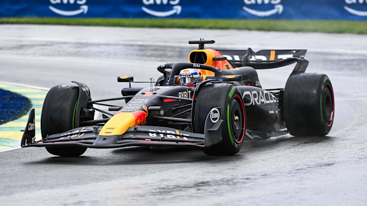 Jun 9, 2024; Montreal, Quebec, CAN; Red Bull Racing driver Max Verstappen (NED) races during the Canadian Grand Prix at Circuit Gilles Villeneuve. Mandatory Credit: David Kirouac-USA TODAY Sports
