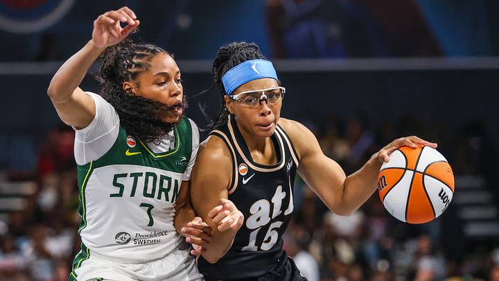 Jul 31, 2026; College Park, Georgia, USA; Atlanta Dream guard Allisha Gray (15) dribbles the ball down the court against Seattle Storm guard Zia Cooke (7) during the third quarter at Gateway Center Arena at College Park. Mandatory Credit: Jordan Godfree-Imagn Images