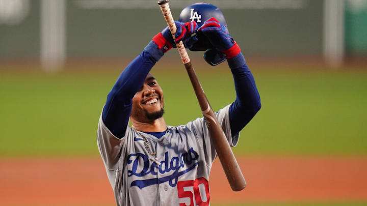 Aug 25, 2023; Boston, Massachusetts, USA; Los Angeles Dodgers right fielder Mookie Betts (50) reacts to the crowd before batting against the Boston Red Sox in the first inning at Fenway Park. Mandatory Credit: David Butler II-Imagn Images