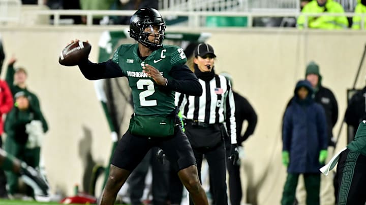 Nov 22, 2024; East Lansing, Michigan, USA; Michigan State Spartans quarterback Aidan Chiles (2) throws upfield against the Purdue Boilermakers during the second quarter at Spartan Stadium. Mandatory Credit: Dale Young-Imagn Images Nov 22, 2024; East Lansing, Michigan, USA; Michigan State Spartans quarterback Aidan Chiles (2) throws upfield against the Purdue Boilermakers during the second quarter at Spartan Stadium. Mandatory Credit: Dale Young-Imagn Images