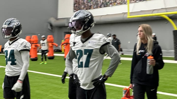 Eagles CB Quinyon Mitchell (27) goes through an indoor walkthrough practice leading up to a Week 4 game in Tampa vs. the Buccaneers. Eagles CB Quinyon Mitchell (27) goes through an indoor walkthrough practice leading up to a Week 4 game in Tampa vs. the Buccaneers.