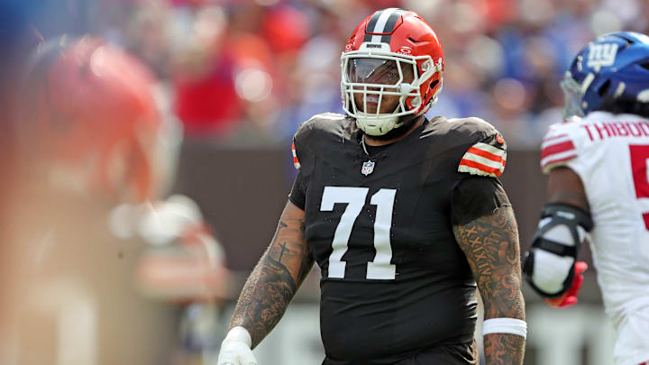 Cleveland Browns offensive tackle Jedrick Wills Jr. (71) heads back to the huddle after a play during the first half of an NFL football game against the New York Giants at Huntington Bank Field, Sunday, Sept. 22, 2024, in Cleveland, Ohio.