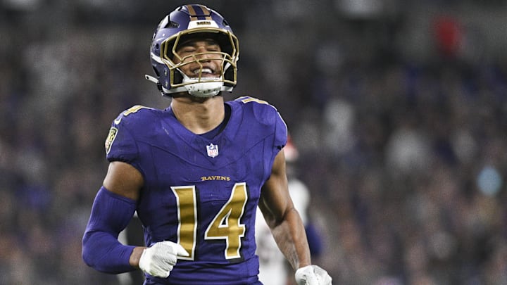 Nov 7, 2024; Baltimore, Maryland, USA; Baltimore Ravens safety Kyle Hamilton (14) reacts after tips a Cincinnati Bengals quarterback Joe Burrow (9) pass during the first quarter  at M&T Bank Stadium. Mandatory Credit: Tommy Gilligan-Imagn Images